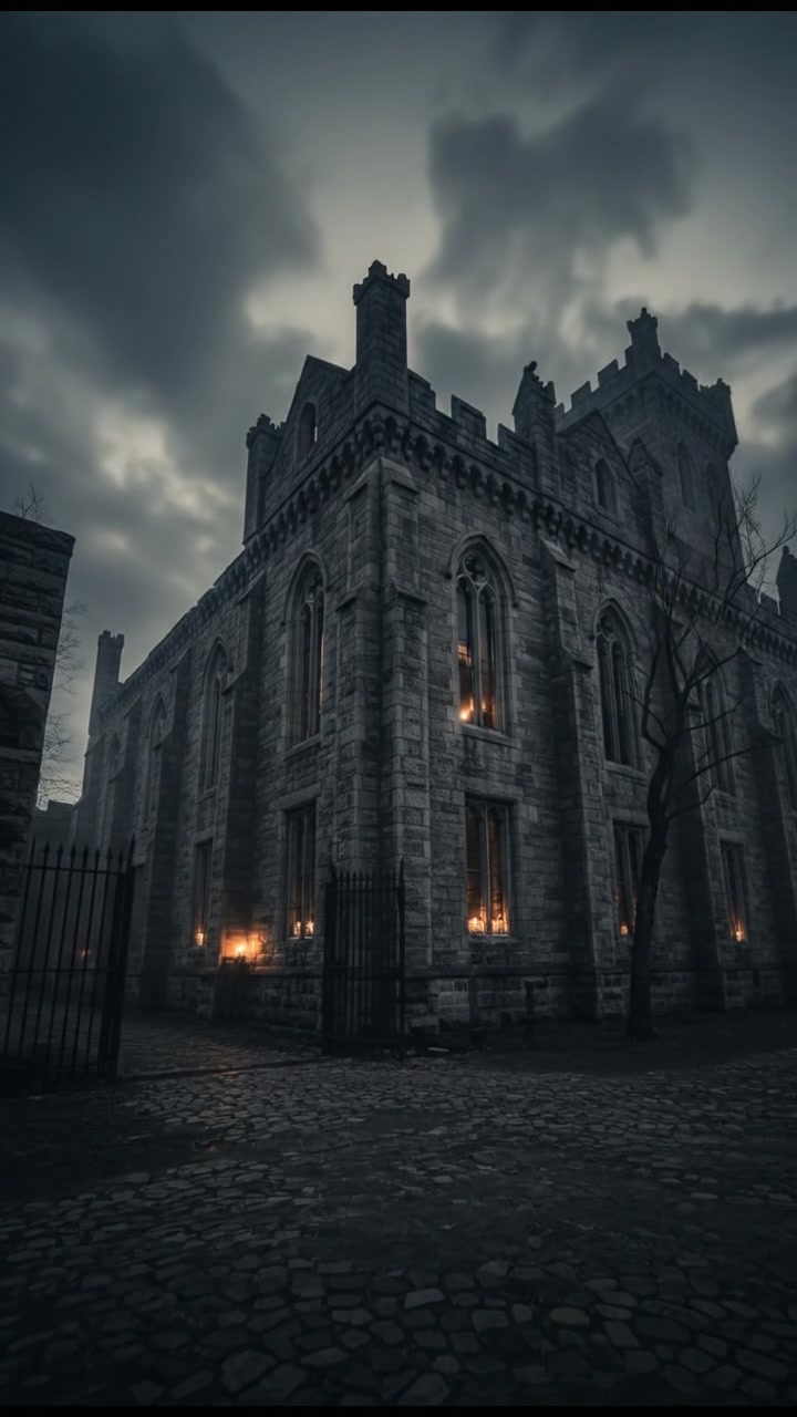 Wide shot of the imposing Eastern State Penitentiary's exterior, showing its gray stone walls under cloudy skies.