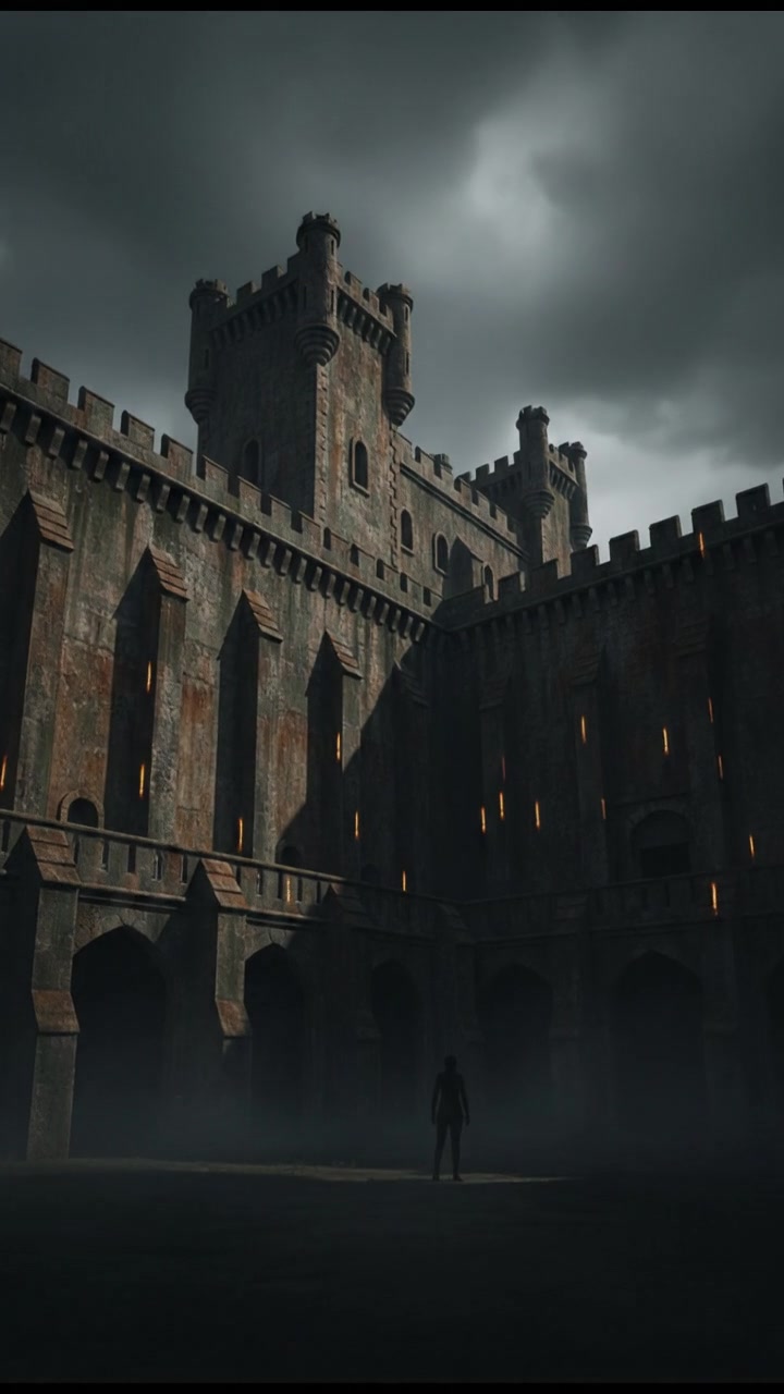 An exterior view of Eastern State Penitentiary, a grand stone building with tall walls, under a cloudy sky.