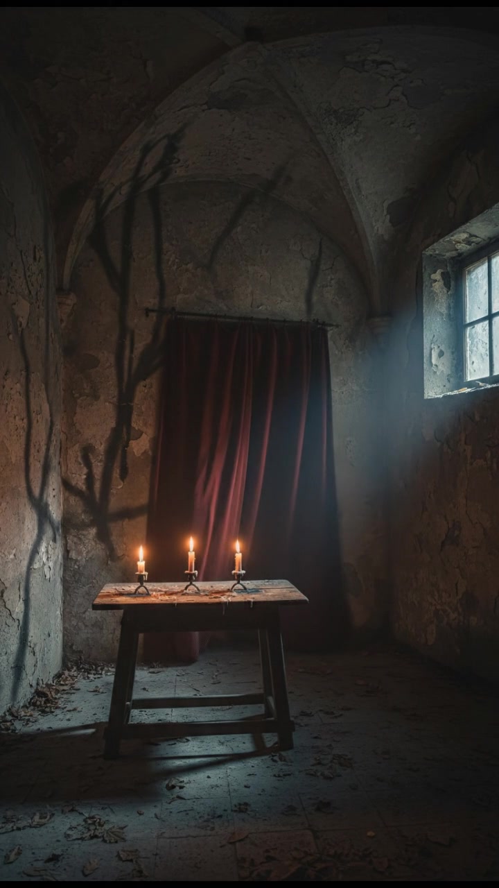 A dimly lit room with shadows cast on the walls, a hint of movement seen behind a curtain.
