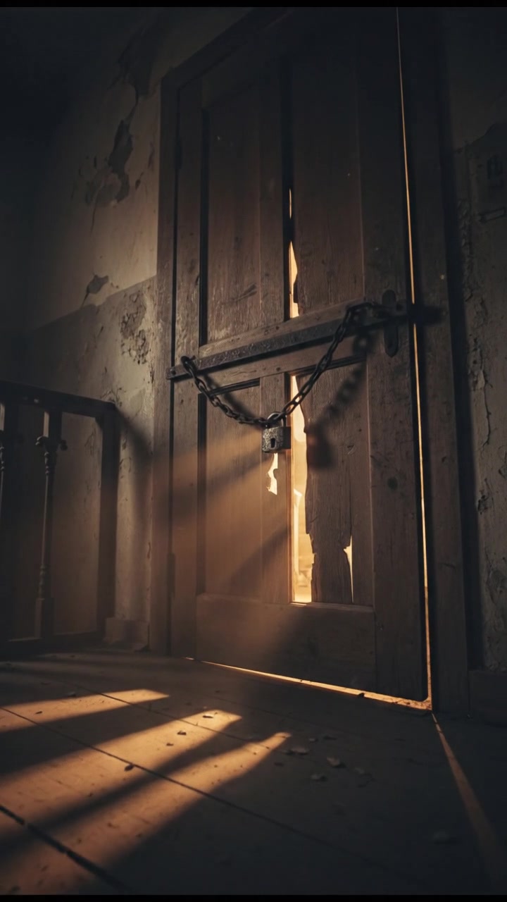 A close-up of a locked door on the second floor with a faint light filtering through the cracks.
