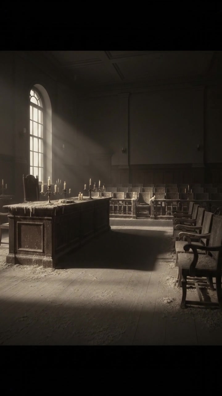A dusty courtroom with a wooden judge's bench and empty spectator seats, sunlight splashing through the window.
