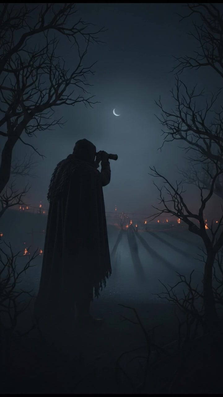 A close-up of the shadowy figure in black, observing from a distance, trees framing the sides.