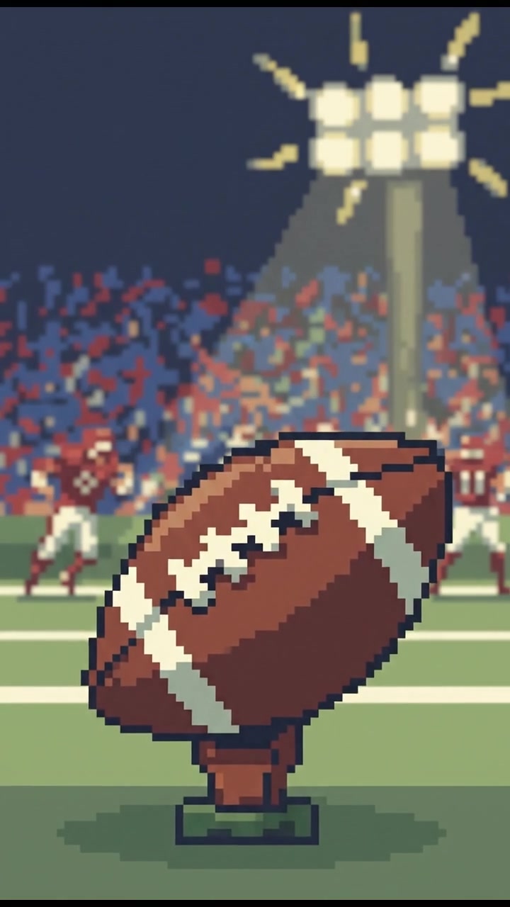 A close-up of a football on a tee under bright stadium lights, with fans and players blurred in the background.