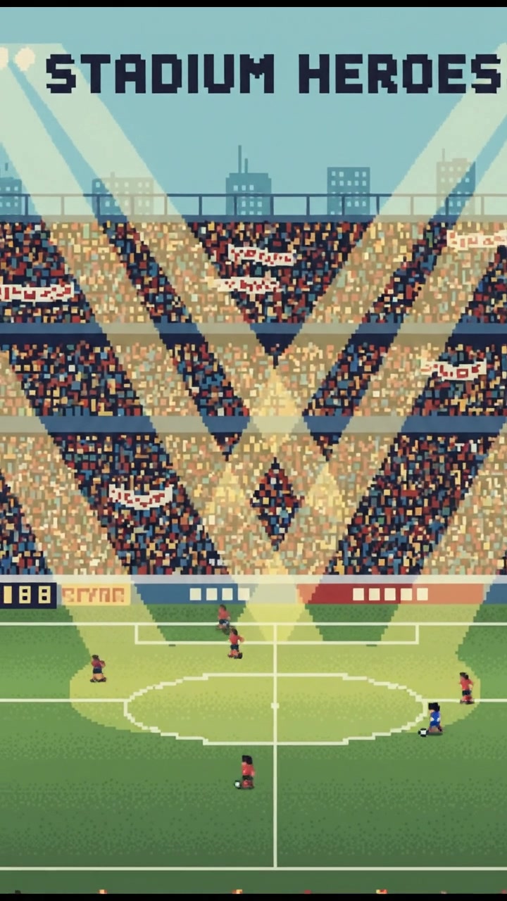 A wide shot of a football stadium packed with fans, banners waving, and light shining on a football field.