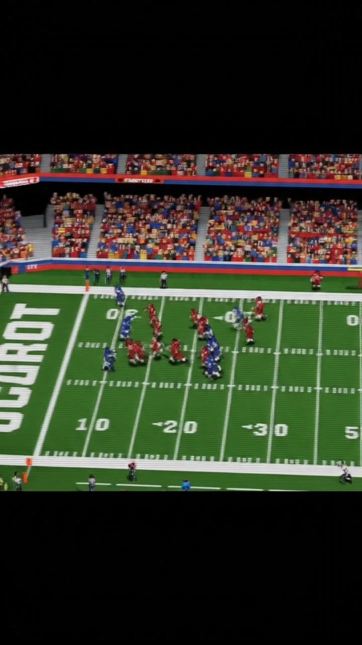 An aerial view of a bustling NFL game in progress, with players in action and a vibrant crowd.