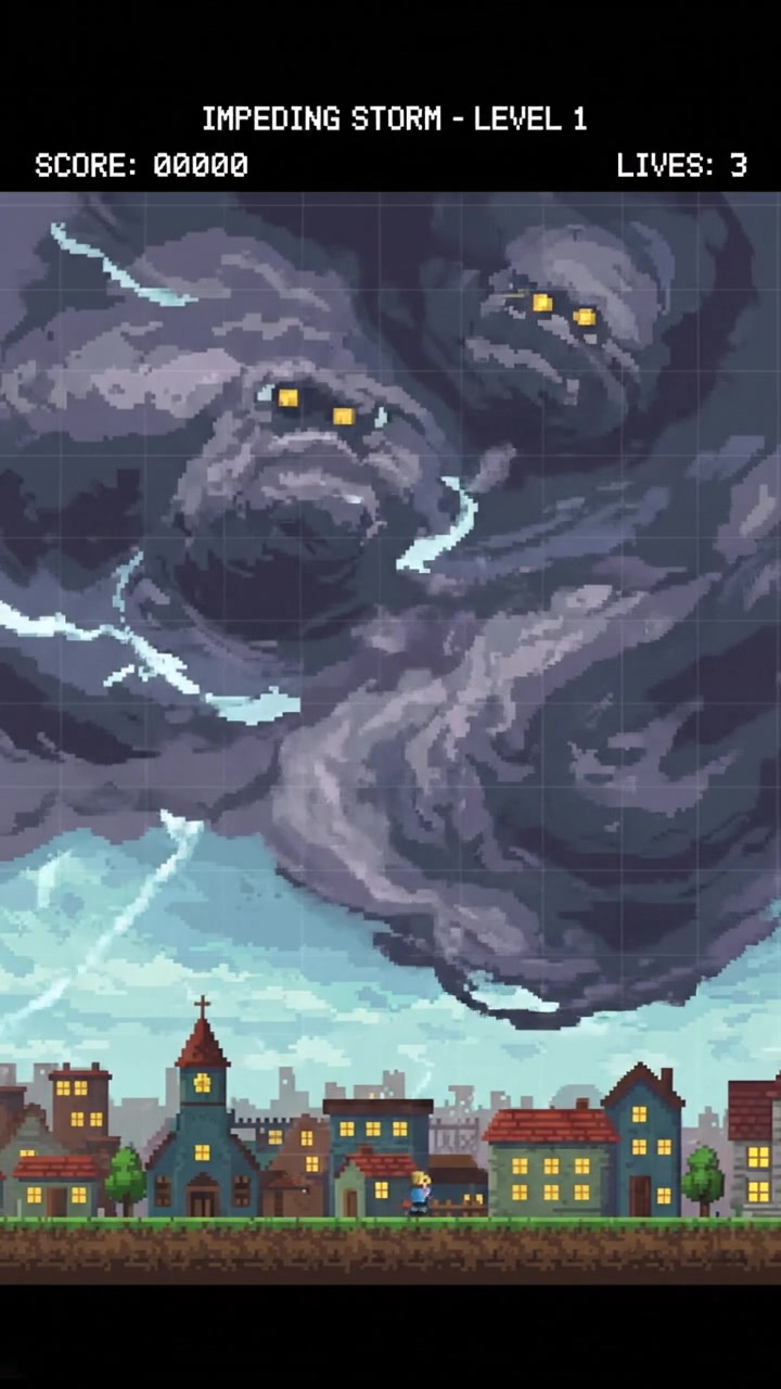 Dramatic clouds forming above a town, hinting at an impending storm.