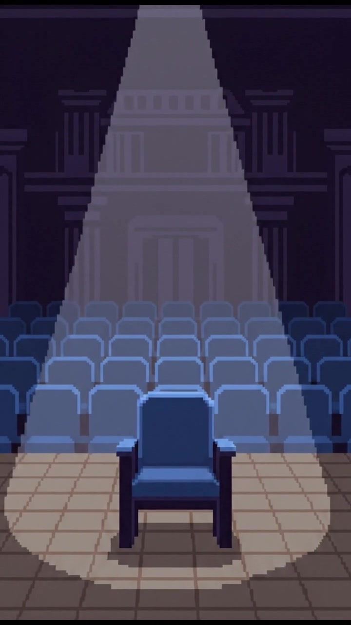 A dimly lit stage with a spotlight shining down, illuminating empty theater seats in the background.