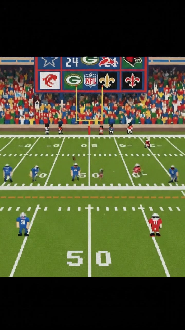 A football field with a large scoreboard displaying NFL logos, surrounded by excited fans in the stands.