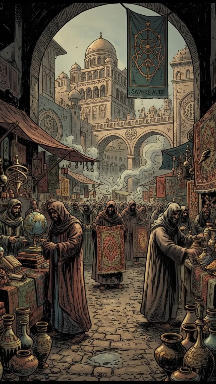 A bustling market in Baghdad, with traders and colorful goods, illustrating the city's advanced status in the world.