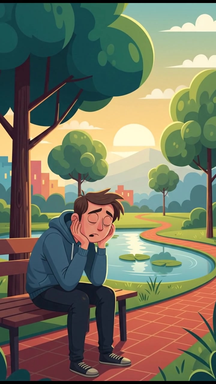 A serene park scene with a lone person sitting on a bench, looking bored and uninterested.