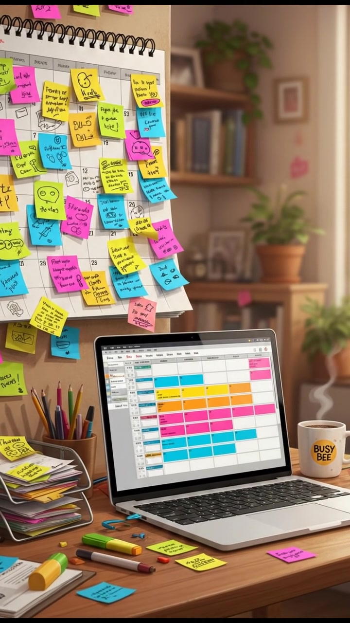 An overflowing calendar on a desk with sticky notes and a laptop, showing a busy schedule.