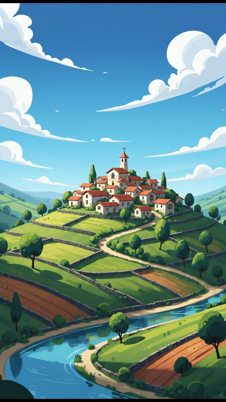 A serene view of a hillside village with traditional houses and lush green fields under a blue sky.