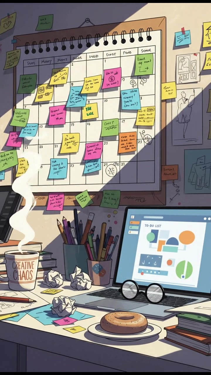 A cluttered calendar on a desk, filled with colorful sticky notes, surrounded by a mug of coffee and a laptop.