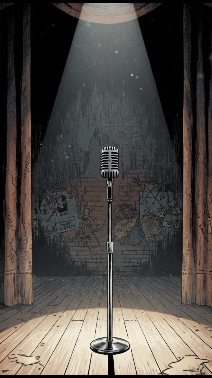 A spotlight shining on an empty stage with a microphone in the center.