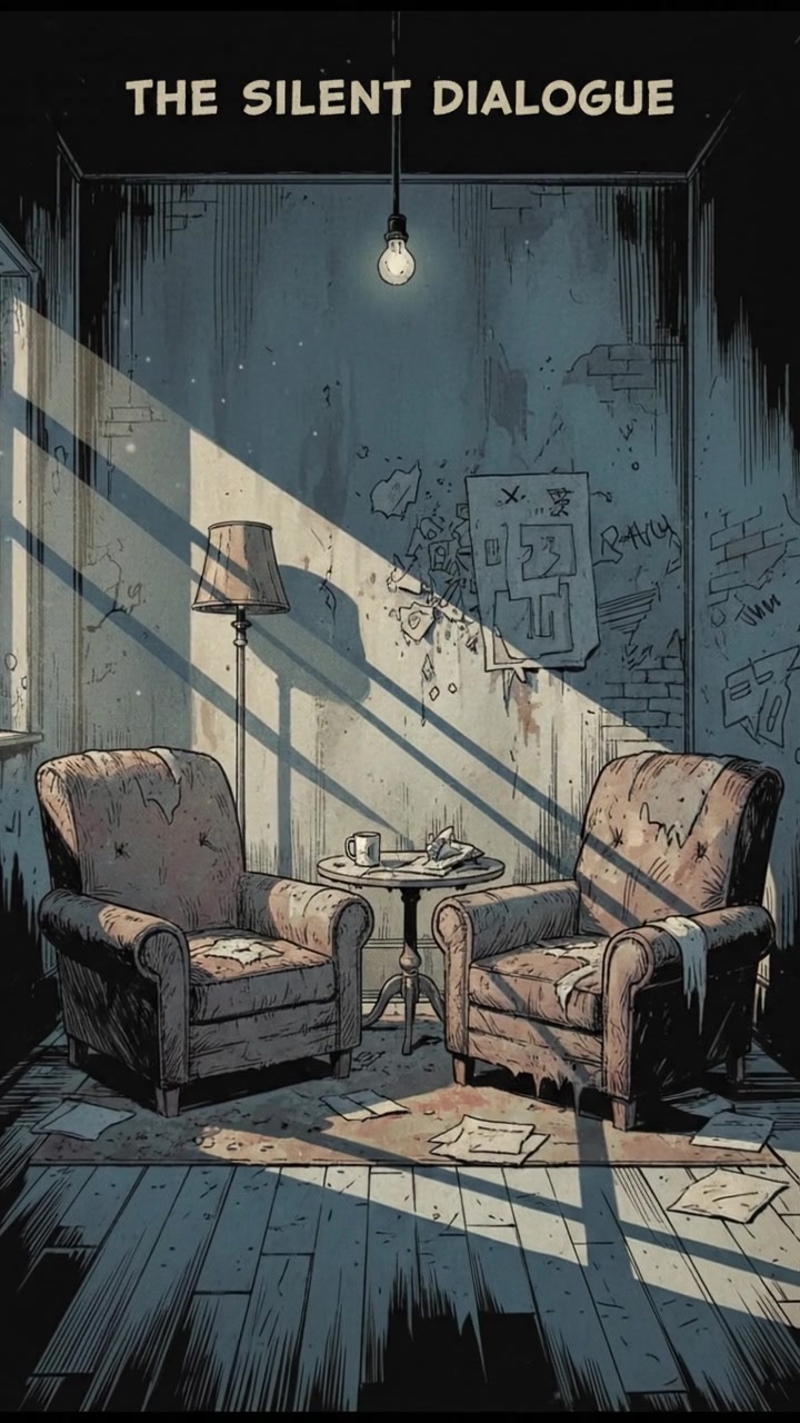 A quiet room with two chairs facing each other, light casting shadows, symbolizing an intense private conversation.