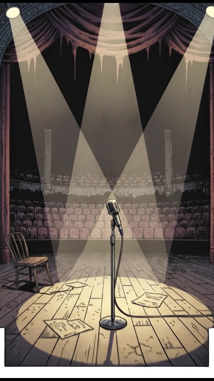 An empty stage with spotlights shining down, highlighting an unused microphone, signifying a lost opportunity.
