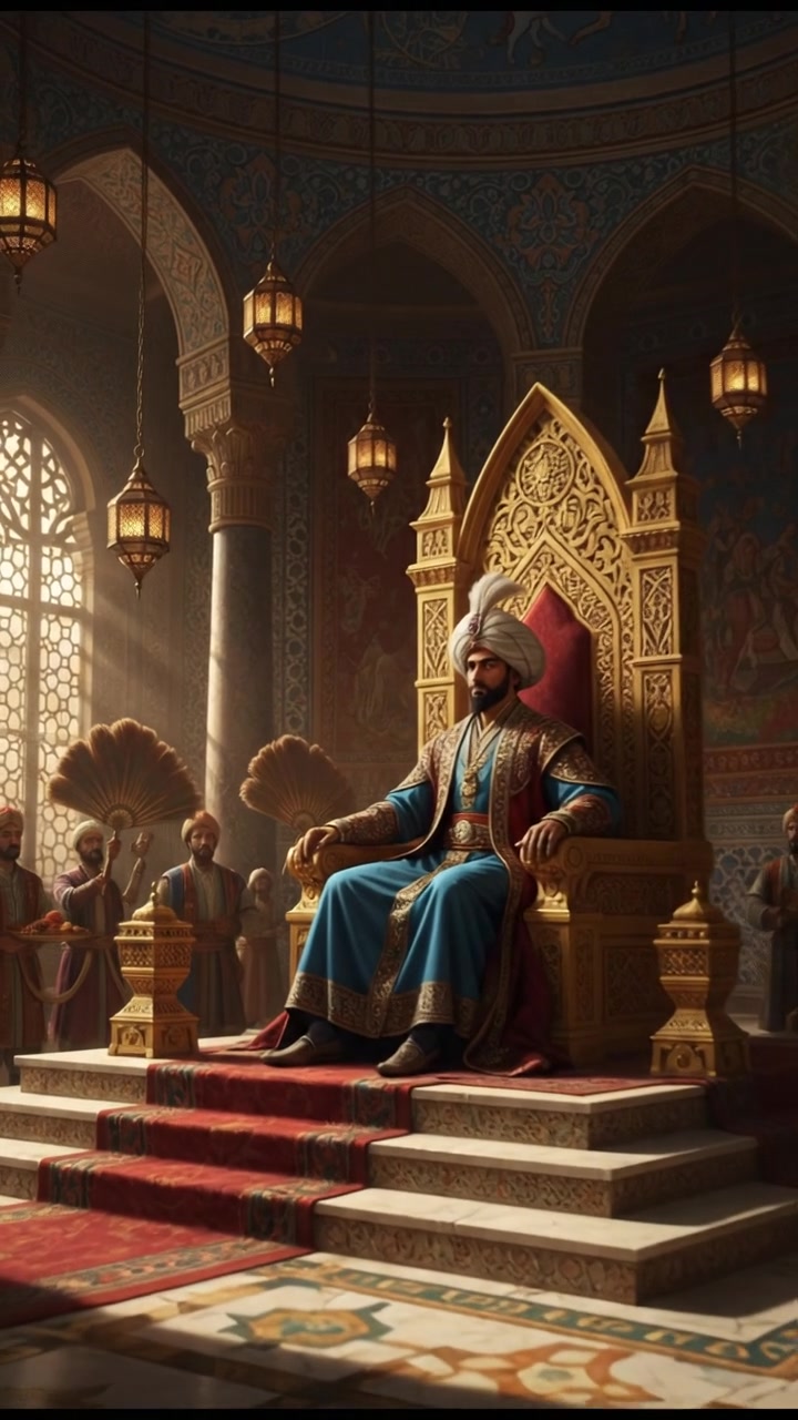 A historical illustration of Abu Al Abbas seated on a throne, surrounded by a palace interior with ornate decorations.