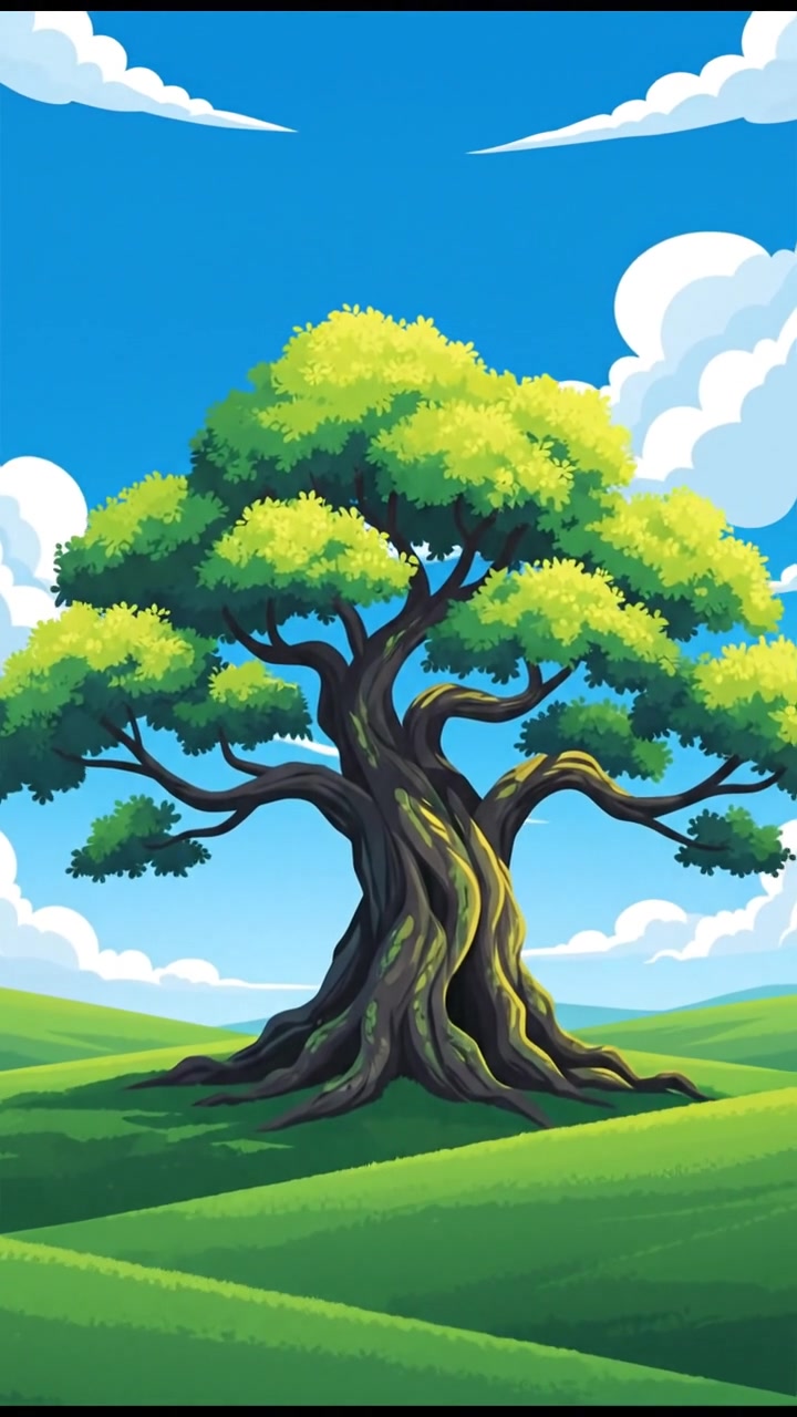 A lush landscape of rolling hills under a bright blue sky, with a large, ancient tree standing alone in the foreground.