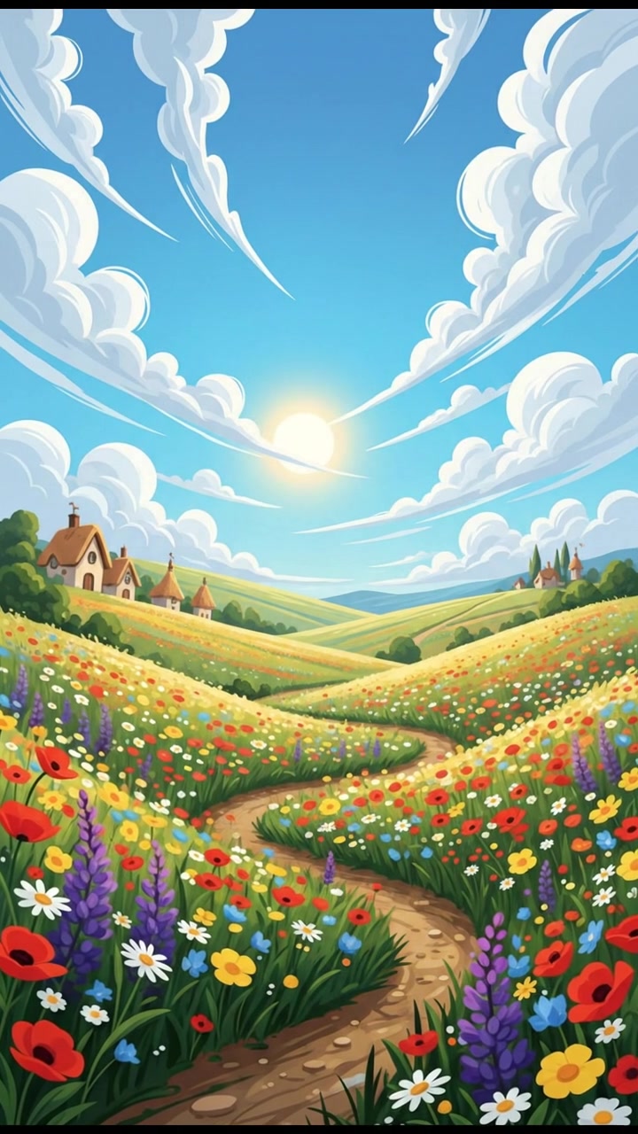 A serene landscape with gentle hills, a field of wildflowers swaying in the breeze under a blue sky.