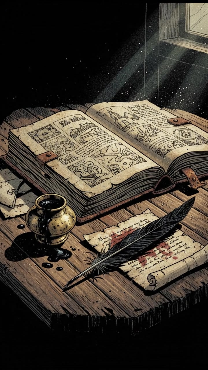 An open historical book resting on a wooden table with a quill and inkpot beside it.