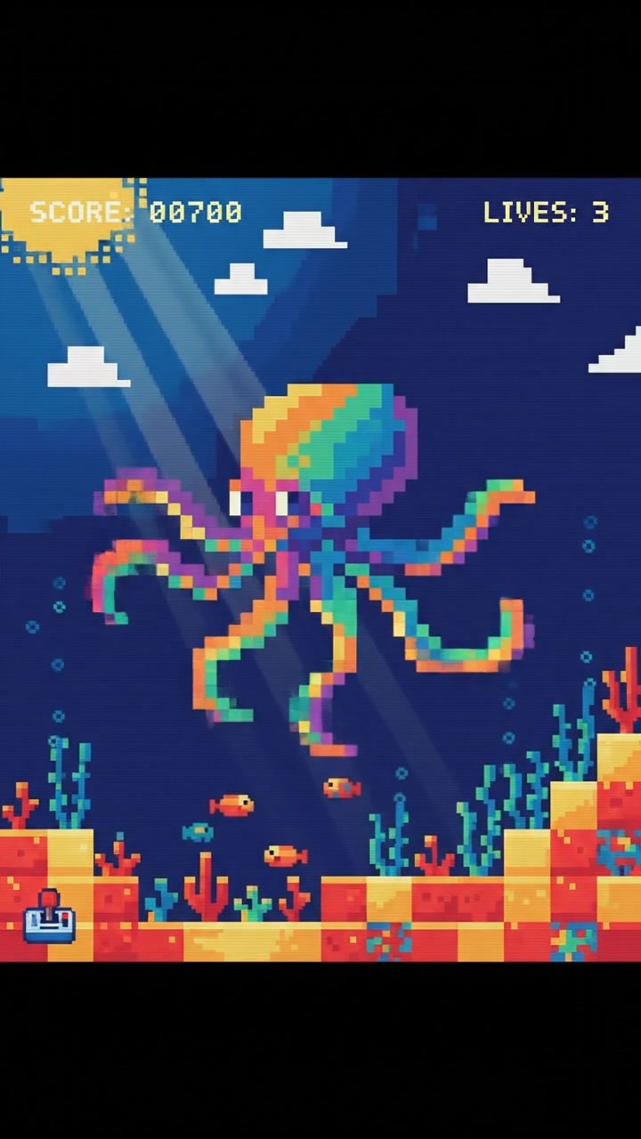 An open ocean scene, featuring a colorful octopus swimming among coral reefs, with sunlight filtering through the water.