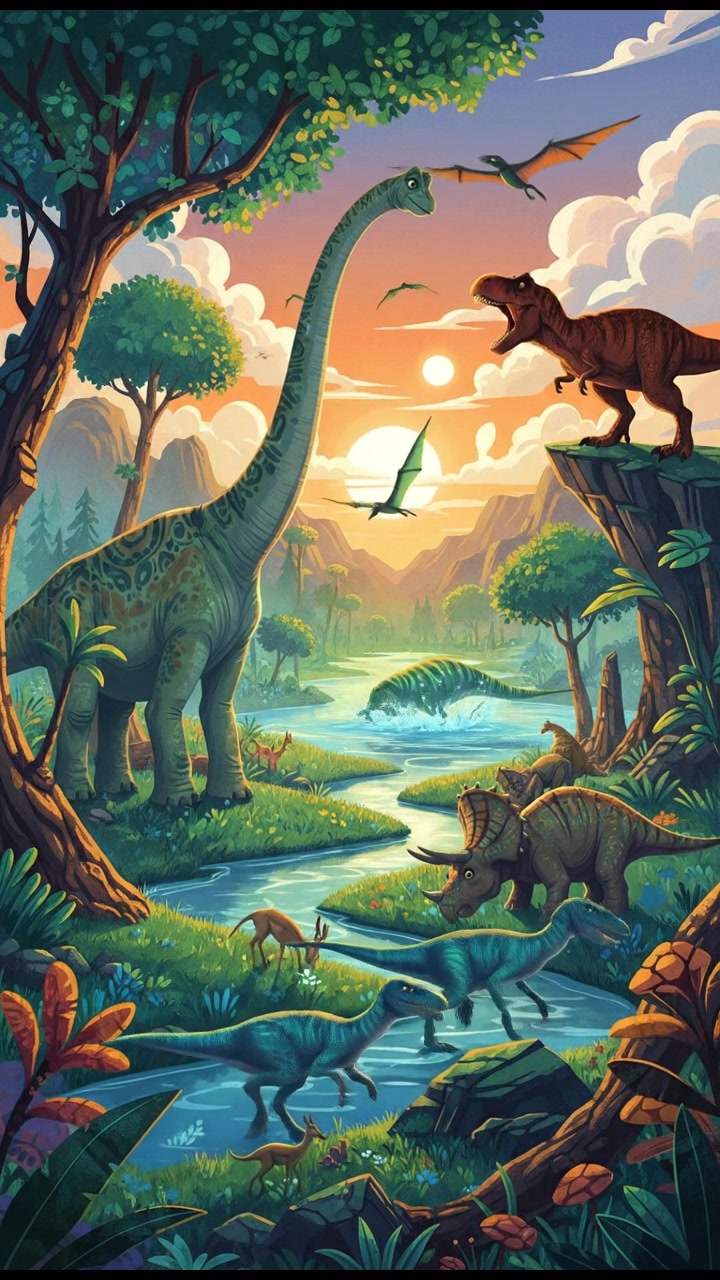 A vibrant ecosystem with various dinosaurs coexisting, highlighting the impressive diversity of species within a prehistoric landscape.