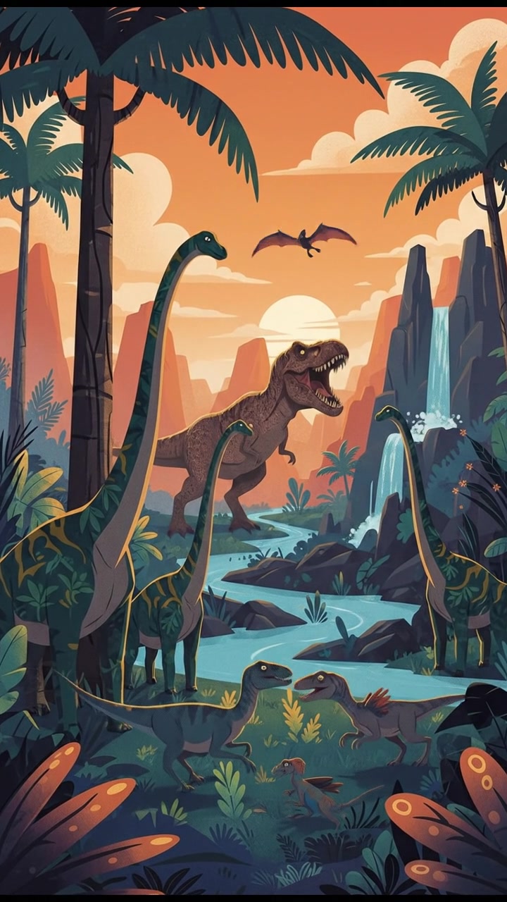 A dramatic landscape showing a variety of dinosaurs, including ferocious predators and giant herbivores, in a lush prehistoric environment.