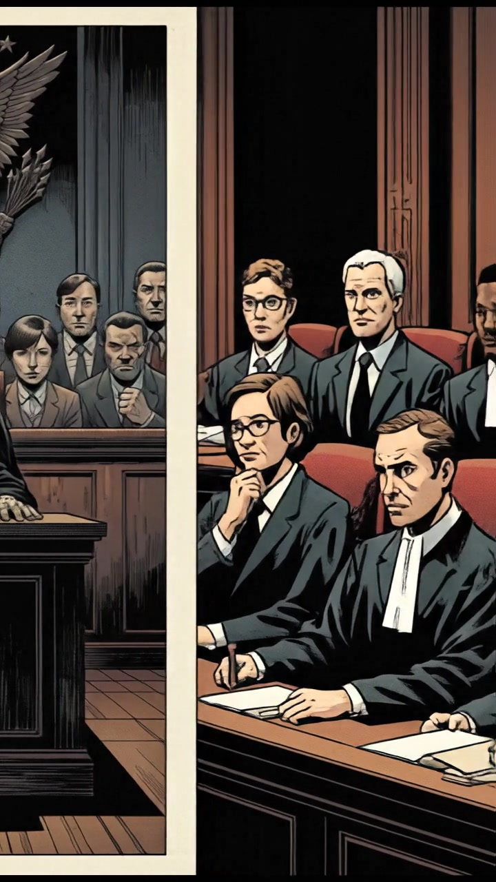 A courtroom setting with the judge's bench in focus, a group of attentive jurors in the background.