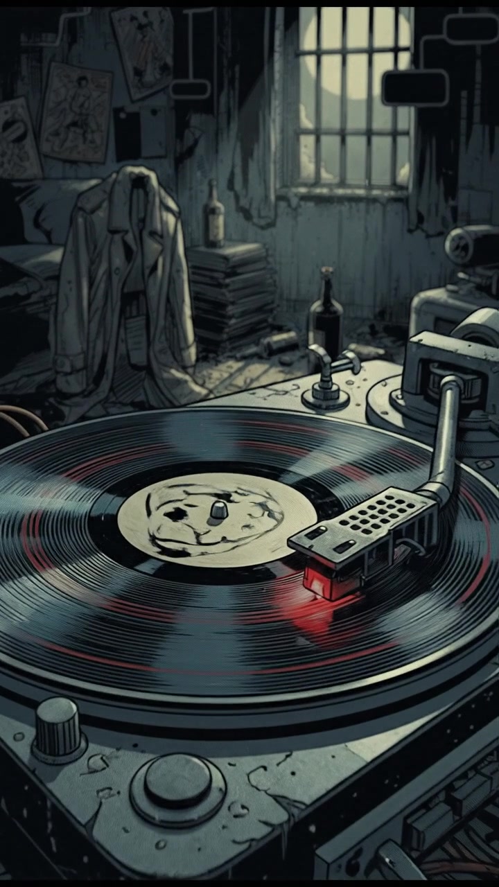 A close-up of a vinyl record spinning on a turntable in a darkened room.