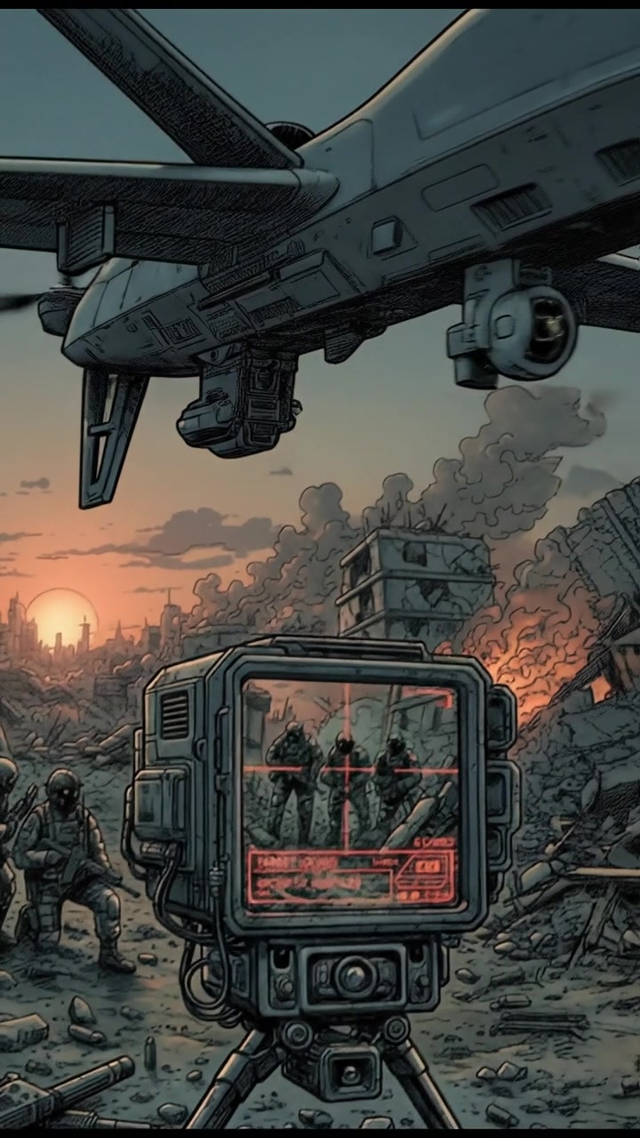 At dusk on a modern battlefield, an MQ-9 Reaper in flight. Zoom in on its targeting system, which has just locked onto a group of soldiers.