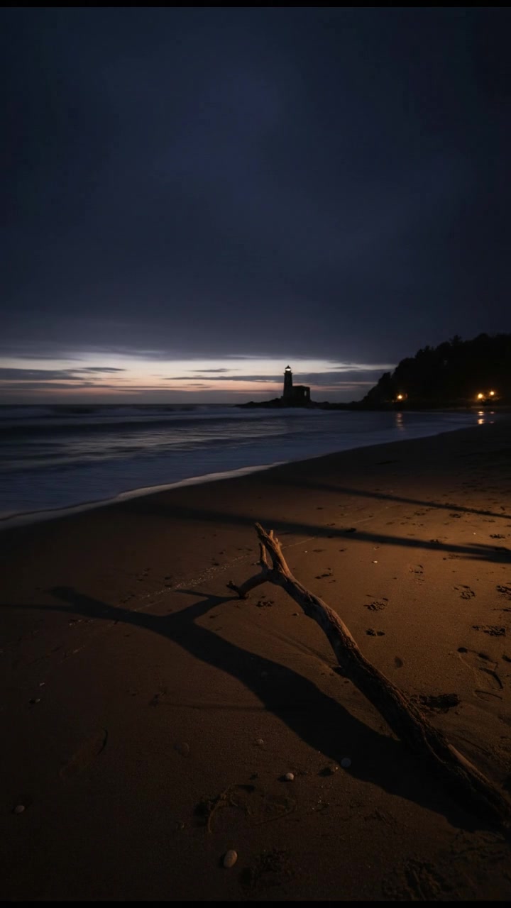 A tranquil beach scene with calm waves lapping at the shore, under a clear blue sky.