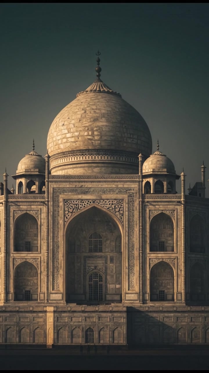 A close-up of the Taj Mahal's large dome, showcasing intricate architectural details and patterns.