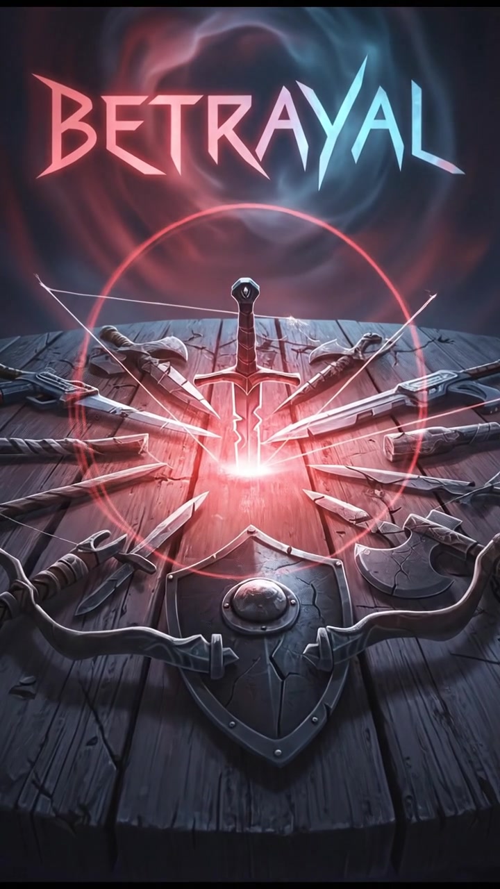 A close-up of weapons laid on a wooden table, indicating cycles of betrayal and conflict. Spell BETRAYAL correctly