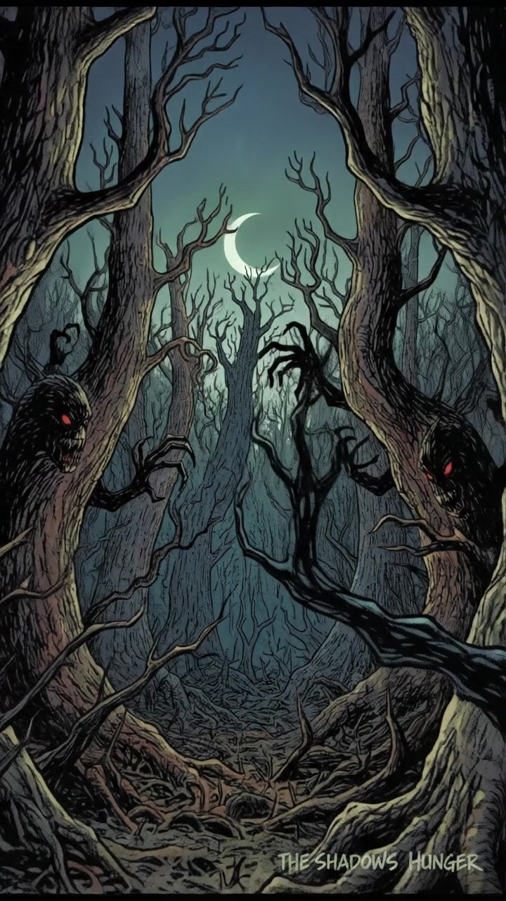 A dark forest at twilight, with ominous shadows among the trees, hinting at a malevolent presence.