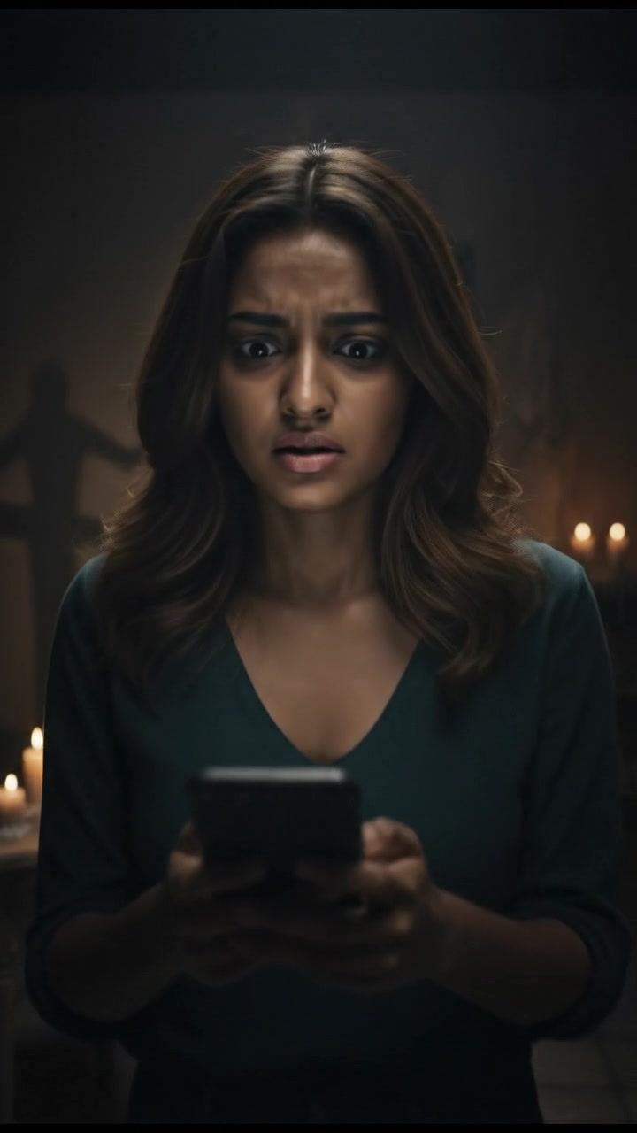 Priya's anxious expression as she stares at her phone, shaking in disbelief.