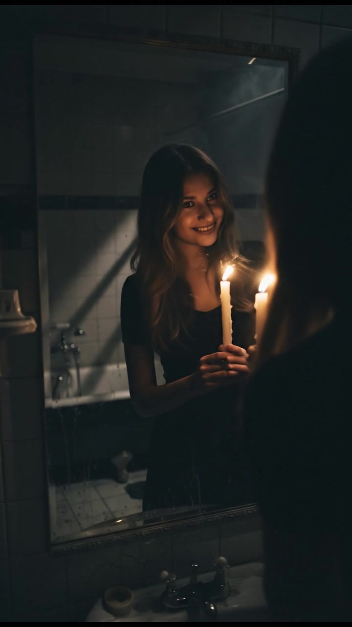 Priya playfully standing in front of a bathroom mirror with a mischievous expression.