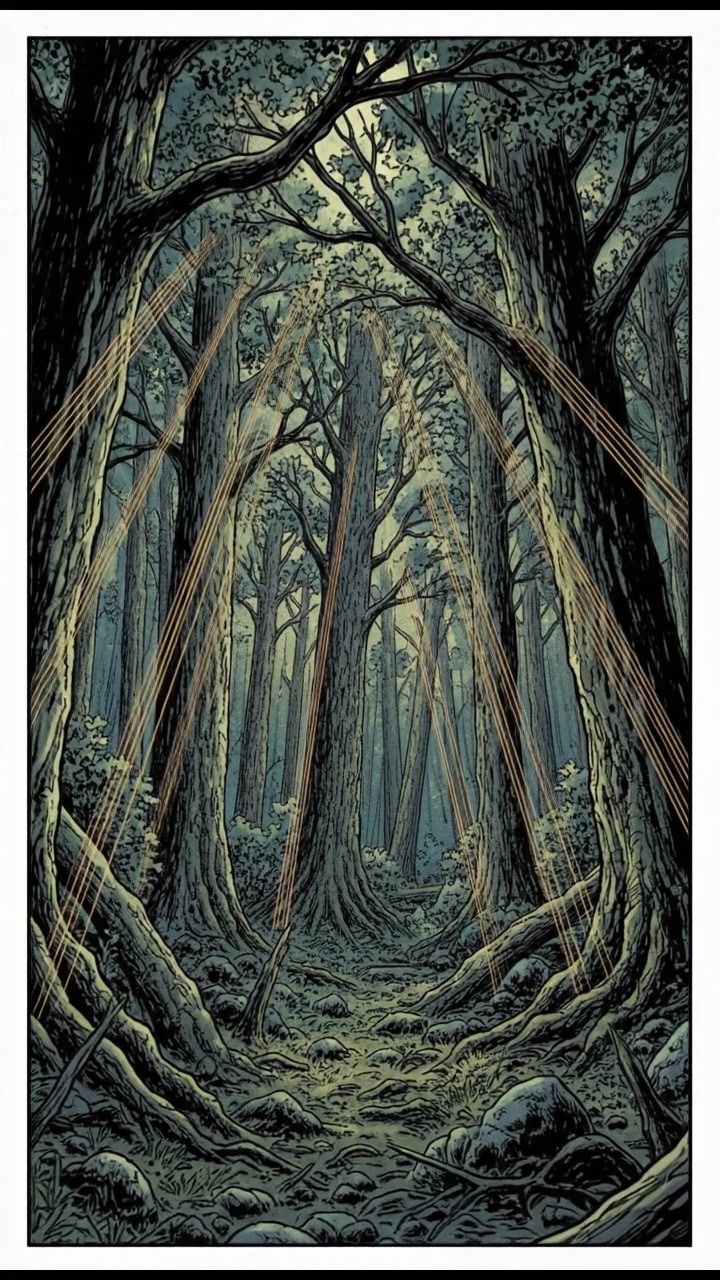 A dense forest with lush green trees, sunlight filtering through the leaves, creating a serene atmosphere.