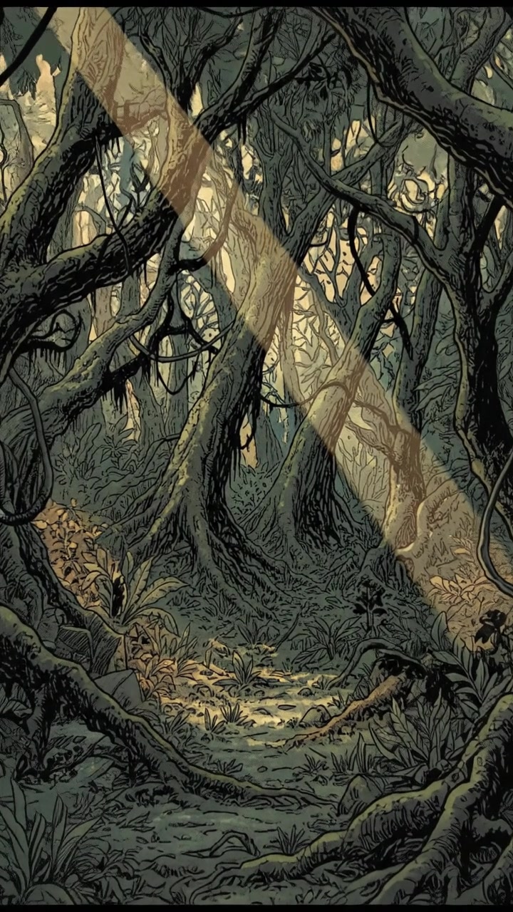 A dense jungle with lush green trees and plants, sunlight filtering through the leaves.