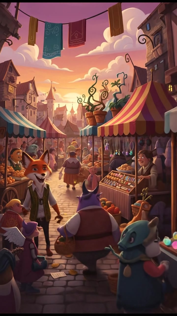 A lively marketplace filled with various stalls and people shopping.