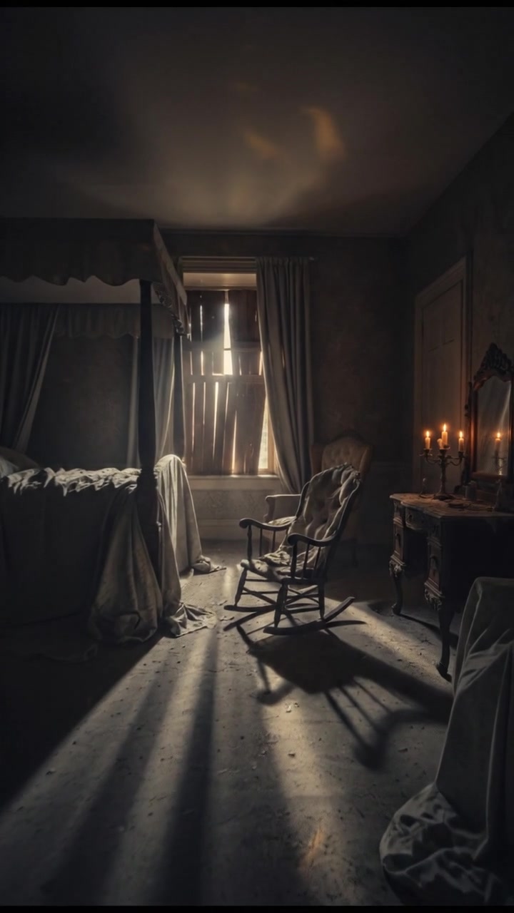 A dark, empty room in the house with old furniture covered in dusty sheets.