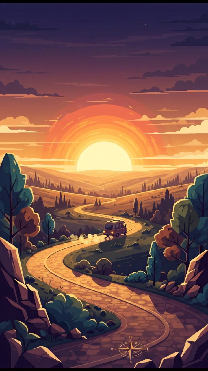 A winding road leading into the sunset, symbolizing a journey ahead.