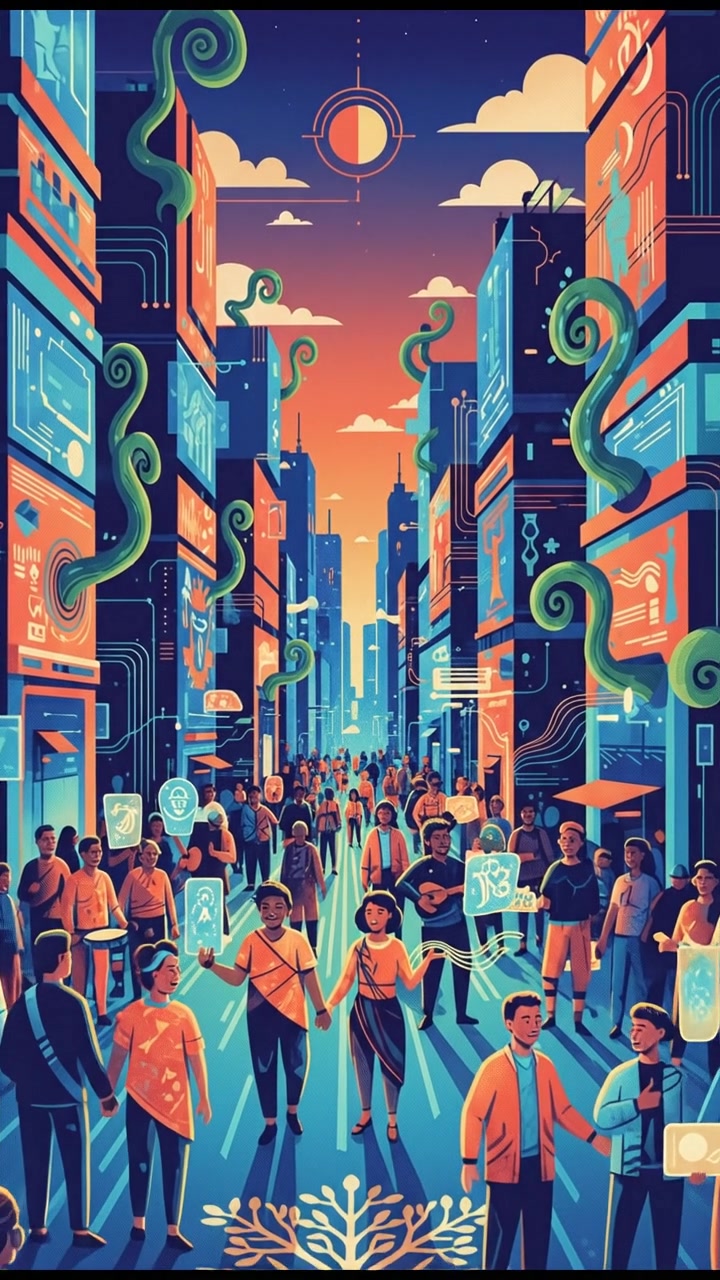 A bustling city street with diverse people walking, representing social change.