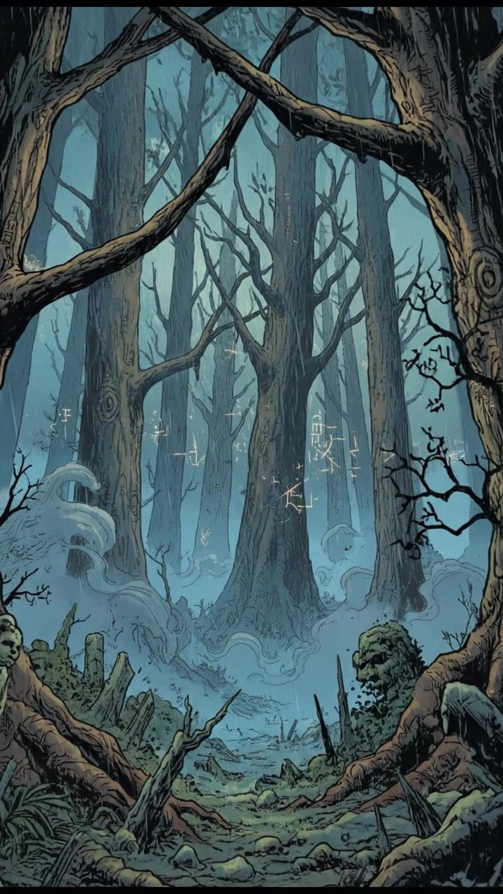 A dense, mystical forest with towering trees and a faint mist in the air.