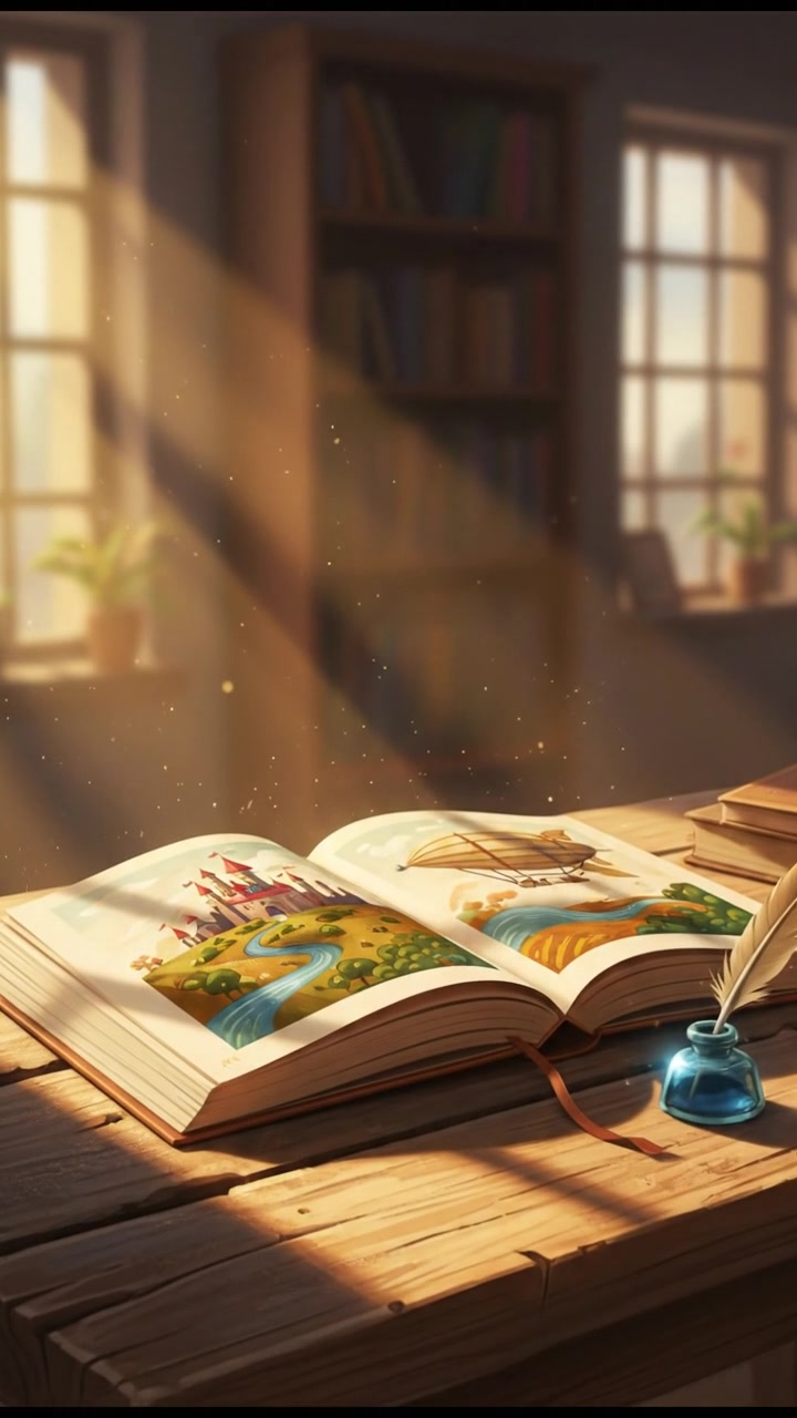 An open book laying on a wooden table, with a pen beside it and soft sunlight streaming in.