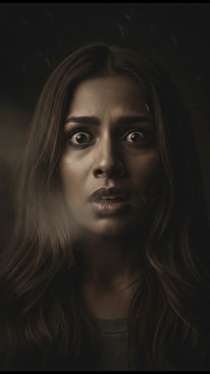 A close-up of Priya's face, her breath visible in the cold air, eyes wide with fear.