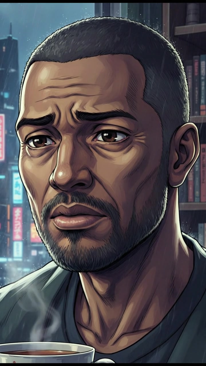 A close-up of Kwame's face showing a heavy expression, lost in thought.