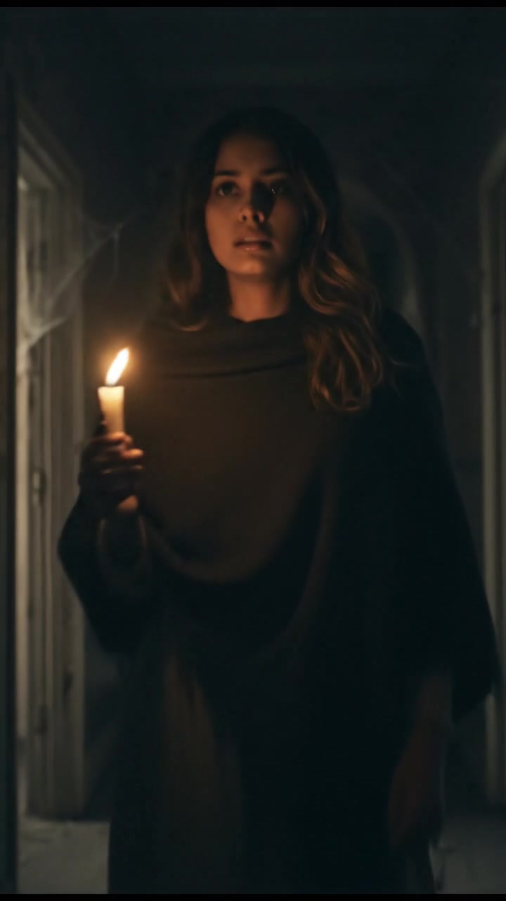 Priya standing alone in the dark hallway, shivering with a flickering candle in her hand.