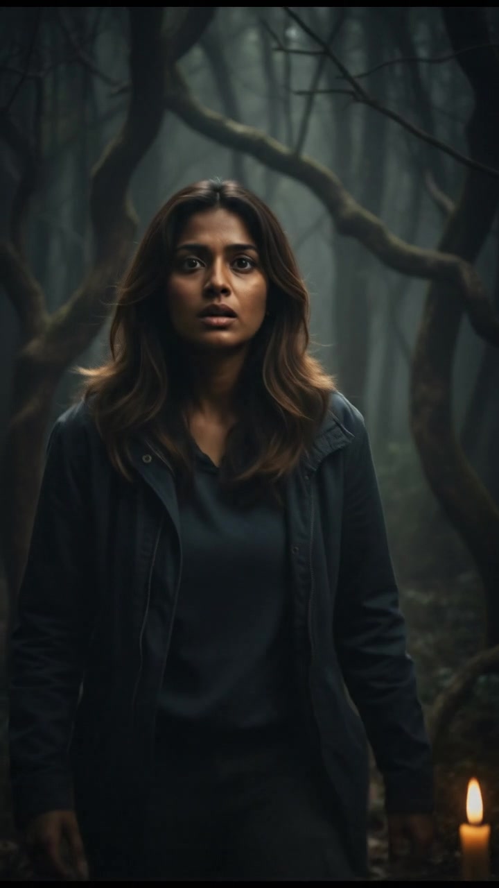 Priya standing still, looking cautiously towards the dark forest, with fear in her expression.