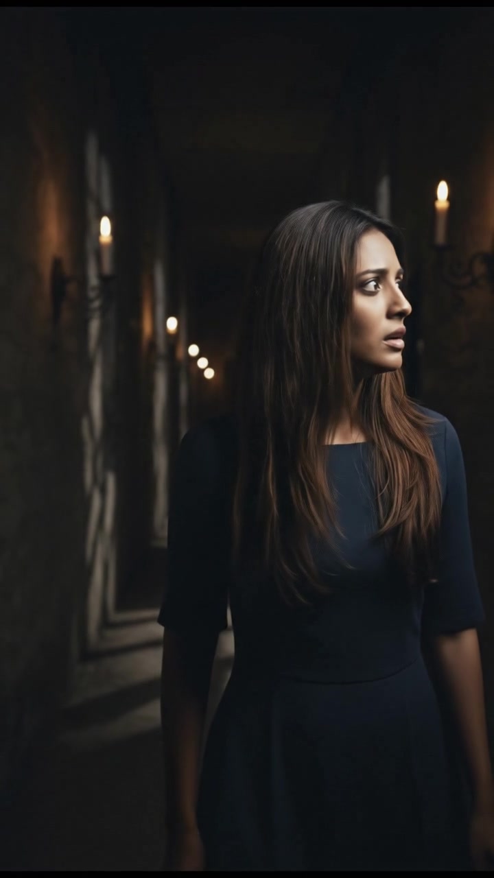 Priya standing still in shock, looking around in a dark hallway.