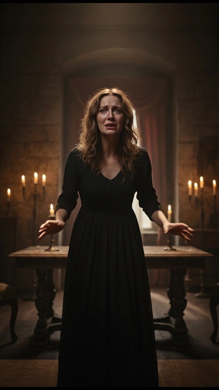 Ashley, distressed, stands in a dimly lit room, with her hands raised in a pleading gesture.